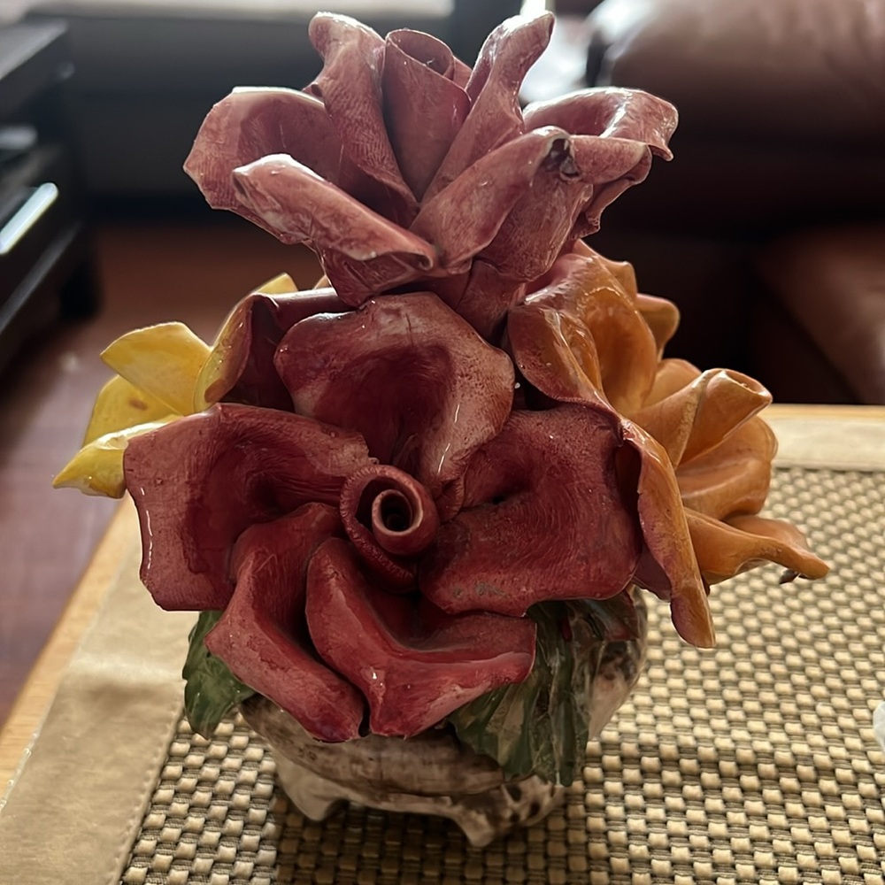 Capodimonte Rose Cluster in a Basket Made in Italy Vintage